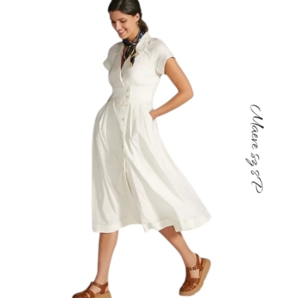 Anthropologie Maeve White Poplin Midi Shirtdress Size 8